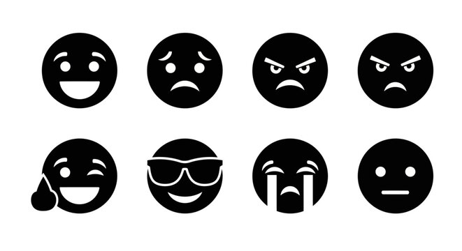 Set of eight silhouette emojis displaying a range of facial expressions