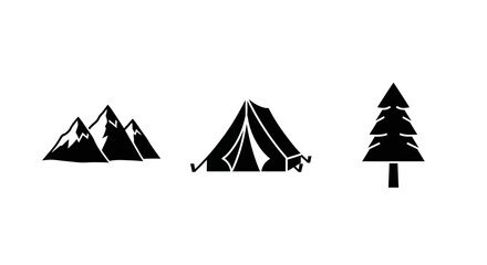 Camping adventure icons: mountains, tent, and tree in black silhouette