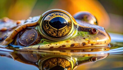 Extreme close up of a frog in calm water with golden eyes reflecting morning light detailed amphibian portrait with textured skin and blurred natural background