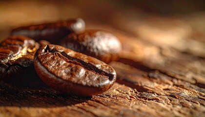 Extreme Close Up of Rich Dark Roasted Coffee Beans with Detailed Texture and Natural Warm Sunlight on a Rustic Wooden Surface