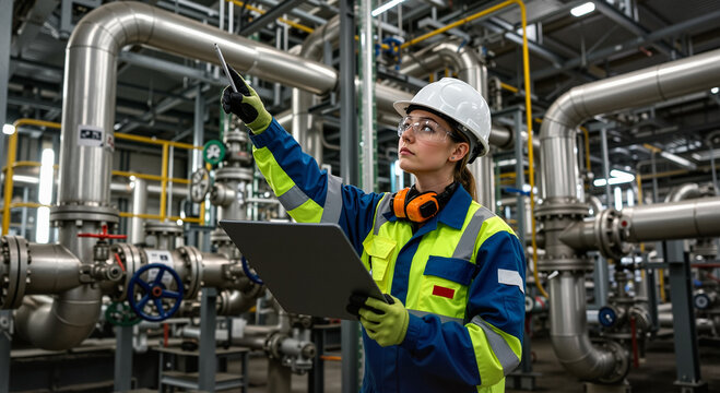 Female engineer in safety gear inspecting industrial equipment in a factory. Professional woman with a laptop working with a complex pipeline system