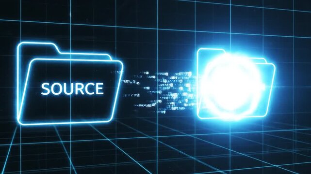 Digital data transfer visualized through glowing folders, showcasing binary information flow from source to destination, highlights technology and efficient data management in futuristic environment