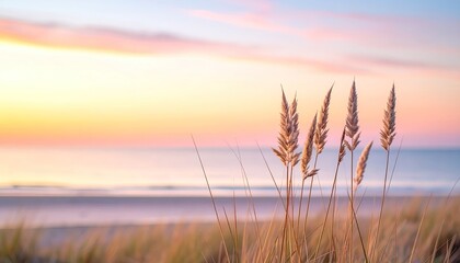 Golden Hour Beach Grass Serenity Soft Pastel Sunset Over Ocean Waves Calm Atmosphere in Coastal Landscape