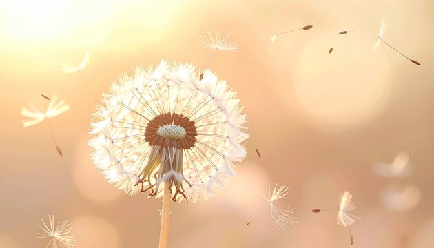 Dandelion Clock Seed Head in Golden Sunlight with Floating Seeds and Soft Bokeh Background
