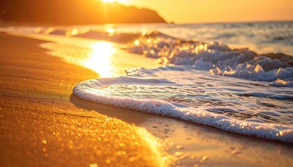 Golden Hour Beach Sunset with Gentle Waves Sparkling on Wet Sand