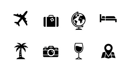 Travel essentials icons set: simplified black silhouettes of plane, globe, luggage, and more