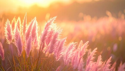 Golden Hour Glow On Pink Pampas Grass Field With Soft Sunlight And Bokeh Effect Creating A Dreamy Atmosphere