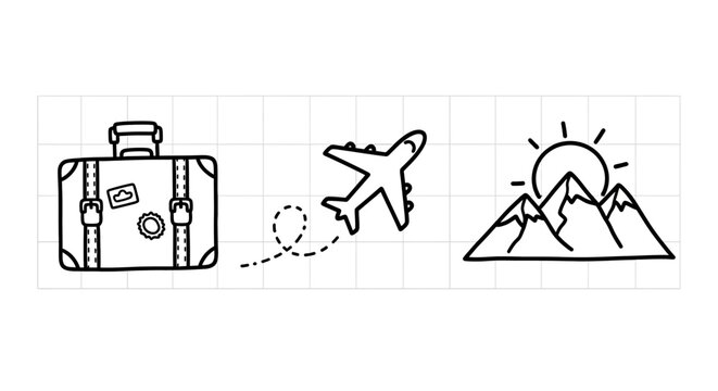 Travel adventure icons with luggage, airplane, and mountain