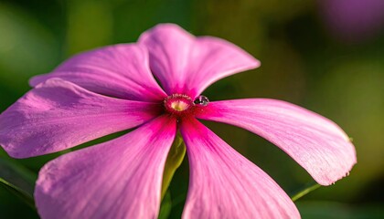 Close up of a vibrant pink periwinkle flower with delicate petals and a dew drop at its center bathed in soft golden hour sunlight against a blurred green garden background