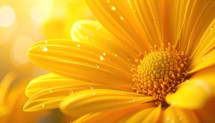 Close Up Of A Vibrant Yellow Daisy With Water Droplets Reflecting Bright Sunlight And Soft Bokeh Background