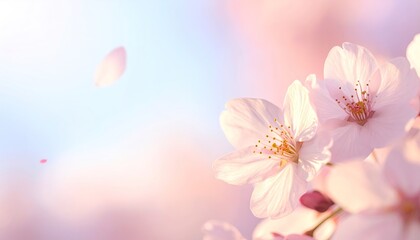 Close Up Of Delicate Pink Cherry Blossoms With Falling Petals Against A Soft Blue And Pink Sky In Spring