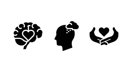 Minimalist mental health icons: brain, mind, heart essentials