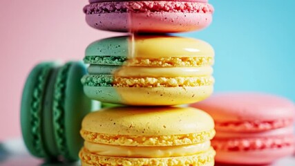 Colorful macarons create delightful gourmet dessert display, showcasing vibrant pastel hues of pink, yellow, green, and purple, evoking joy and sweetness in every treat - Powered by Adobe