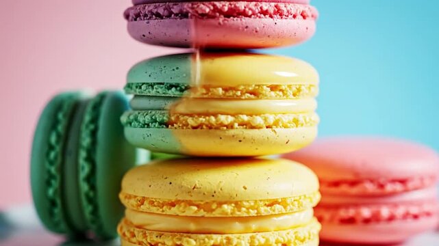 Colorful macarons create delightful gourmet dessert display, showcasing vibrant pastel hues of pink, yellow, green, and purple, evoking joy and sweetness in every treat
