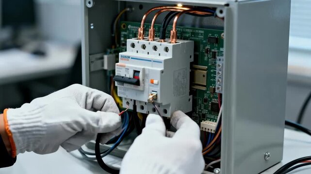 Closeup of hands connecting surge protection components in a small office electrical box to ensure reliable device operation.