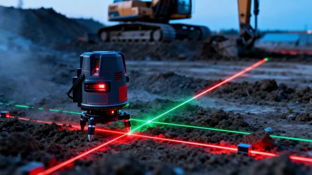 Closeup of laser level laser beams scanning across a site being prepared highlighting advanced technology used to achieve accurate land leveling.