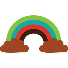 Simple Cartoon Rainbow With Clouds In Green Teal Red And Brown Colors On Transparent Background