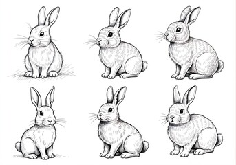 Detailed black and white ink sketch illustration set featuring six adorable sitting rabbits and bunnies, perfect line art drawing collection for graphic design and coloring pages.