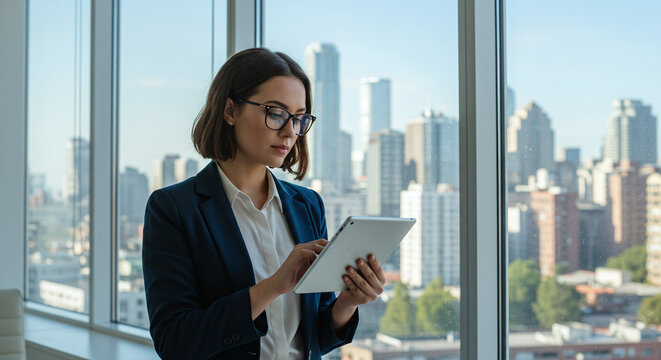 Suitable for technology, business, urban lifestyle concepts. Professional woman using tablet with city skyline in the background, modern workspace setting.