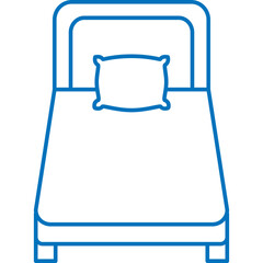 Simple blue outline drawing of a single bed with a pillow on a transparent background ideal for graphic design and illustration