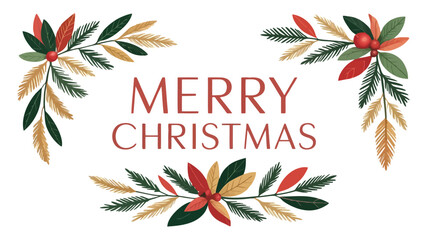 Festive merry christmas greeting with elegant botanical foliage and red berries on white background