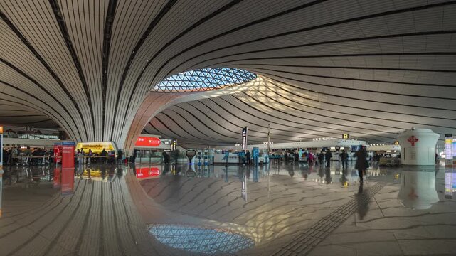 beijing city new international airport crowded check in hall interior timelapse panorama 4k china
