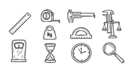 Collection of hand drawn measuring tools icons: scale, ruler, caliper, and more