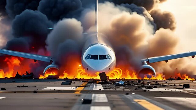 Dramatic, close-up scene of a commercial airplane crash landing or emergency with massive flames and heavy black smoke engulfing the aircraft and runway. Disaster and accident concept.