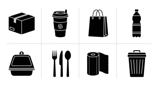 Collection of black silhouette icons for everyday packaging and waste items