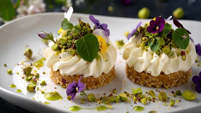 A close up of two gourmet desserts with pistachios, edible flowers (pansies), and cream on a white plate. The camera focuses on the delicate garnishes and presentation.