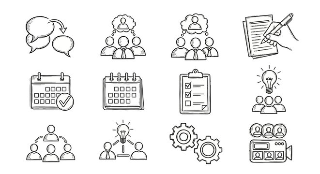 Hand-drawn business and teamwork icons with calendar and checklist elements