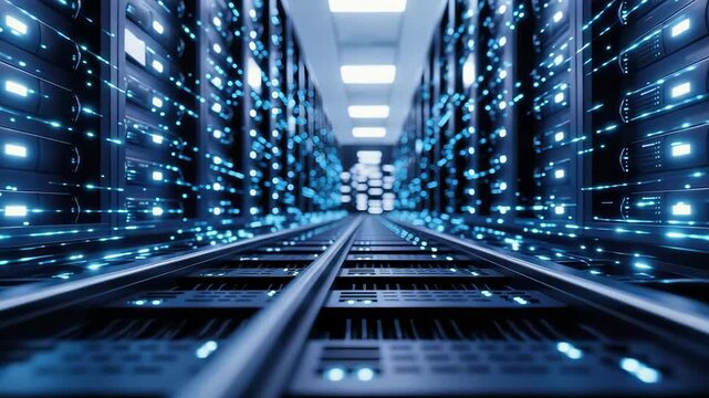 Data center with glowing servers for processing massive data. Data processing servers offer vital connectivity for network and high technology, - Powered by Adobe