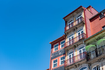 Center of the city of Porto, Portugal, with a blue sky in background.