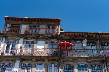 Center of the city of Porto, Portugal, with a blue sky in background.