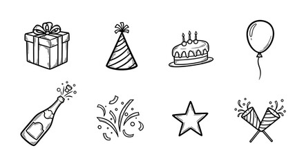 Celebration elements in hand-drawn style: gift, party hat, cake, balloon, and more