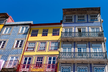 Center of the city of Porto, Portugal, with a blue sky in background.