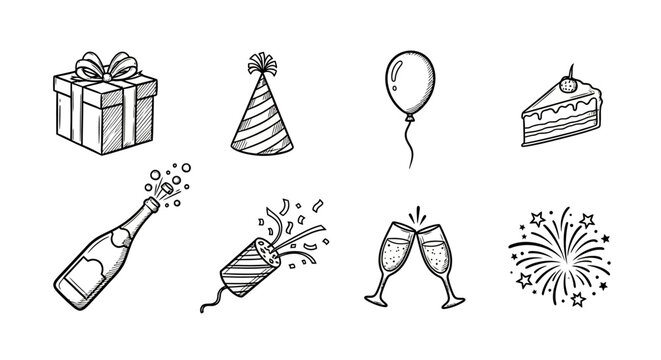 Hand-drawn celebration elements: gifts, party hats, balloons, and more