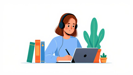 Girl Listening to Audio Lessons – Flat Vector Design