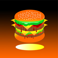 Two-layer burger illustration. Colorful double burger illustration. Bright cheeseburger with light shadow illustration. Cheeseburger or humburger isolated on dark orange gradient background.
