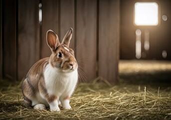 Obraz premium Adorable brown and white domestic rabbit resting peacefully on straw bedding in a rustic wooden enclosure, conveying innocence and gentle curiosity.