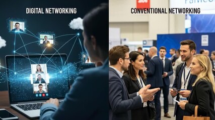 Digital vs Conventional Networking Business People Connecting Online and In Person.