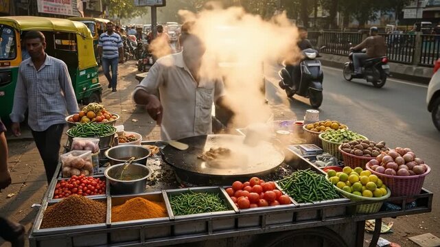 Street Food Vendor Cooking Delicious Meal in India.