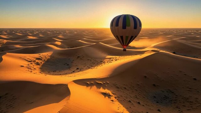 Hot air balloon ride over desert landscape with sandy dunes and bright sunrise. Hot air balloon gives a sense of adventure, with sand patterns created by the wind over the dunes.