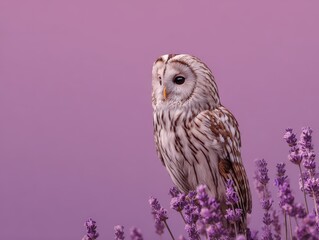 Graceful tawny owl resting on delicate purple lavender, embodying peace and natural beauty with a soft, minimalist aesthetic