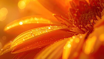 Close up of an orange gerbera daisy with dew drops and soft bokeh lighting during golden hour creating a warm and inviting atmosphere
