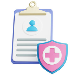Obraz premium Violet Clipboard with medical insurance icon on transparent background. Patient protection. Clipboard and shield with a cross as a symbol of insurance. 3d illustration. png