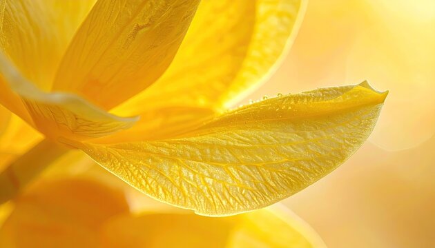 Close-up of a vibrant yellow tulip petal with dew drops in soft daylight illuminating the delicate texture and golden bokeh background creating a warm and radiant atmosphere
