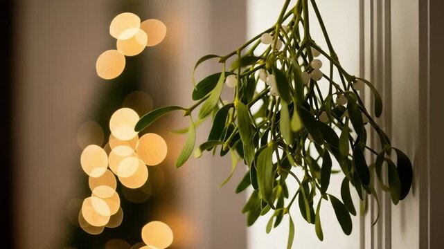 Festive mistletoe decorates window frame at Christmas time with soft background lighting, creating cozy indoor atmosphere.