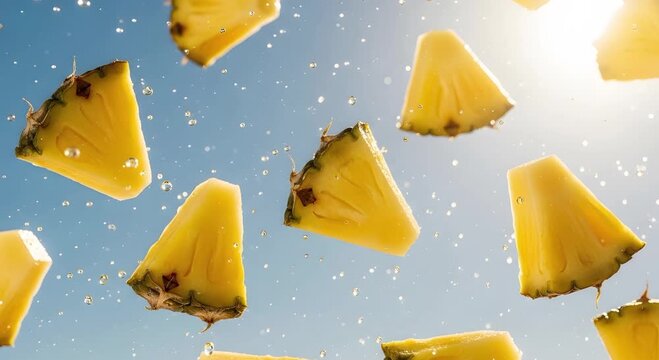 Pineapple slices falling against a bright blue sunny sky backdrop