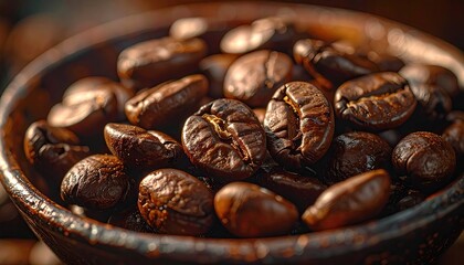 Close up of rich dark roasted coffee beans scattered on a rustic wooden surface with warm natural light creating a cozy atmosphere and highlighting the texture of the beans